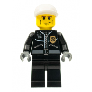 police - city leather jacket with gold badge white short bill cap vertical cheek lines
