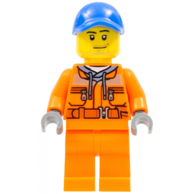 tow truck driver - male orange safety jacket reflective stripe sand blue hoodie orange legs blue cap with hole stubble