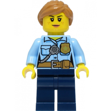 police - city officer female bright light blue shirt with badge and radio dark blue legs medium nougat hair
