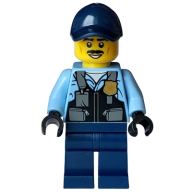police - city officer male safety vest with police badge dark blue legs dark blue cap black moustache