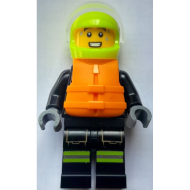 fire - male black jacket and legs with reflective stripes and red collar neon yellow helmet trans-clear visor orange life jacket