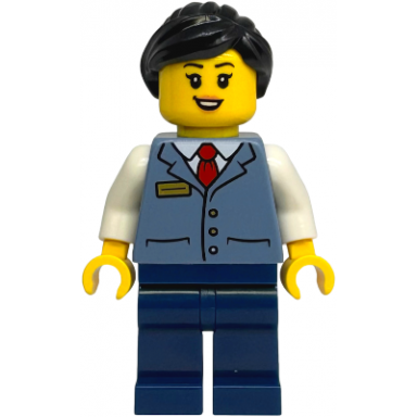 train driver - female sand blue vest over white shirt dark blue legs black ponytail