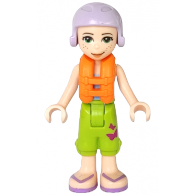 friends mia - lime cropped trousers medium blue top with 3 butterflies lavender ski helmet with dark red hair life jacket