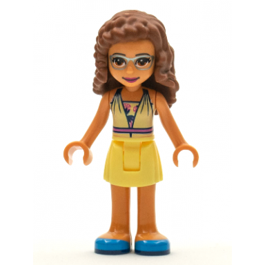 friends olivia nougat - bright light yellow dress and blue shoes