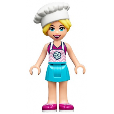 friends stephanie - medium azure skirt magenta top with bright pink apron white chef toque with hair