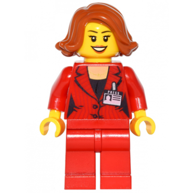 press woman reporter - red legs dark orange female hair short swept sideways peach lips open mouth smile