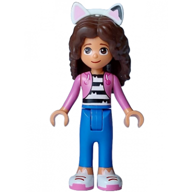 gabby - dark pink jacket over black and white striped shirt blue trousers dark brown hair with internal supports