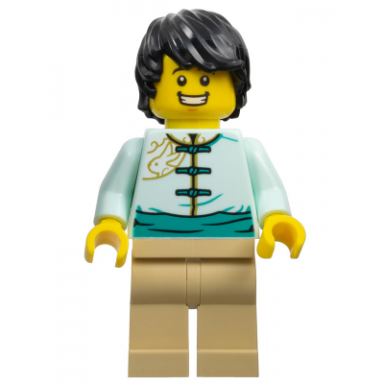 lunar new year parade participant - male light aqua tang jacket tan legs black hair