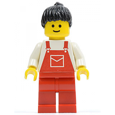 overalls red with pocket red legs black ponytail hair