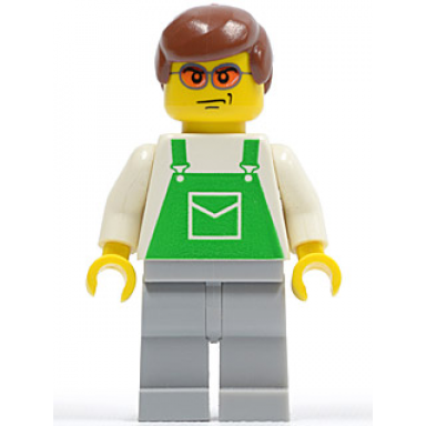 overalls green with pocket light bluish gray legs orange sunglasses reddish brown hair