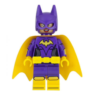 batgirl - minifigure dark purple suit yellow cape wink and open mouth smile angry