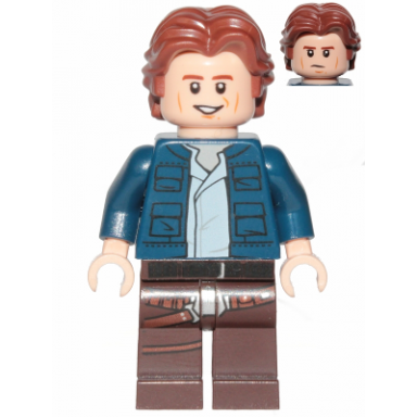han solo dark brown legs with holster pattern dark blue jacket wavy hair smile frown