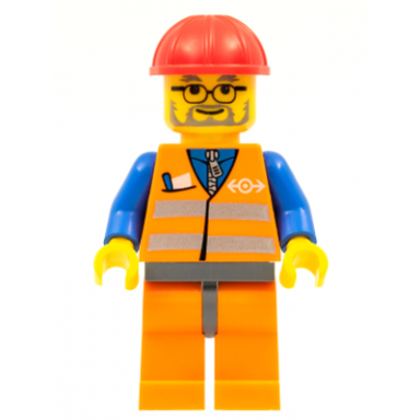 orange vest with safety stripes - orange legs and dark bluish gray hips red construction helmet dark bluish gray beard glasses