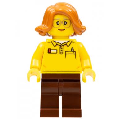 female toy store worker lego logo on reverse of torso