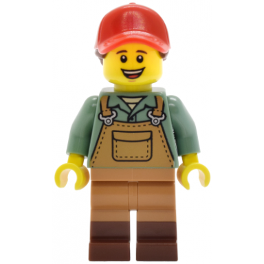 gardener - female medium nougat overalls over sand green shirt reddish brown boots red ball cap with reddish brown ponytail