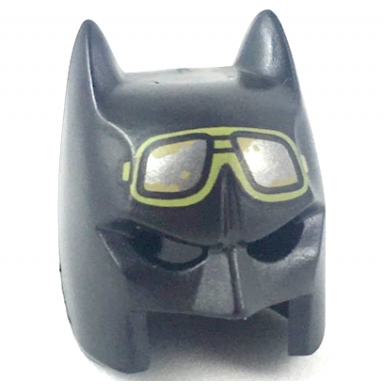 black minifigure headgear mask batman cowl open chin with olive green goggles with silver lenses and tan dirt stains pattern