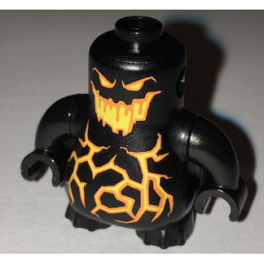 black body nexo knights scurrier with black arms with orange and yellow eyes open mouth and cracks pattern