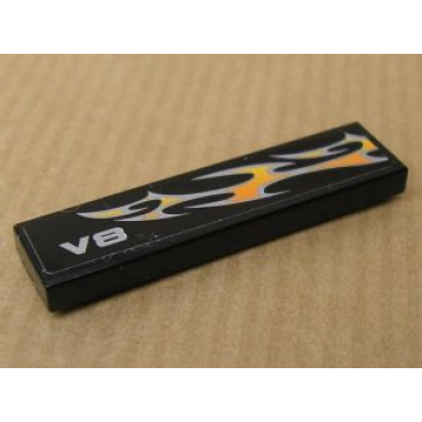black tile 1 x 4 with v8 and white and orange flames pattern model right side sticker - set 8135