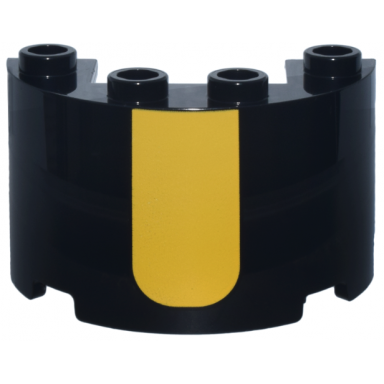 black cylinder half 2 x 4 x 2 with 1 x 2 cutout with yellow rectangle with rounded lower edge pattern