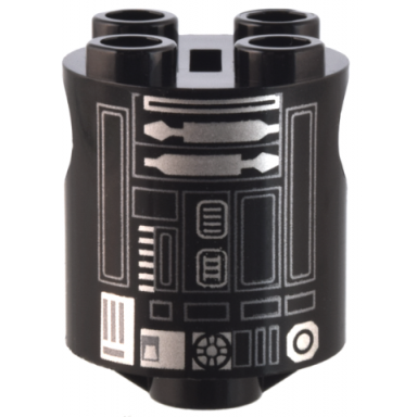 brick round 2 x 2 x 2 robot body with silver and dark bluish gray lines rectangles and droid details pattern r2-e6