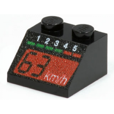 black slope 45 2 x 2 with white numbers green and red lights tachometer screen with 63 km h pattern