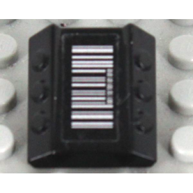 black brick modified 2 x 2 no studs sloped with 6 side pistons raised with silver barcode pattern sticker - set 7713