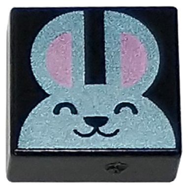 black tile 1 x 1 with metallic light blue bunny rabbit head with metallic pink ears pattern