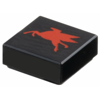 black tile 1 x 1 with red mobil pegasus logo model left side