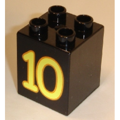 black duplo brick 2 x 2 x 2 with number 10 yellow pattern