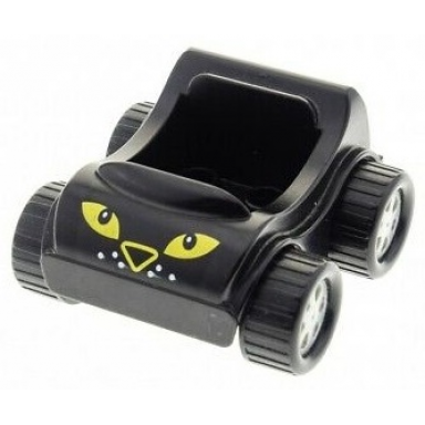 black duplo car with molded pearl light gray wheels and black treaded tires with yellow eyes and nose white dots pattern