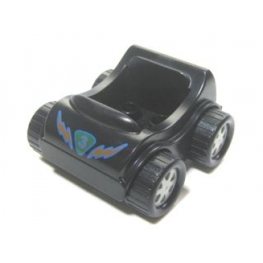 black duplo car with molded pearl light gray wheels and black treaded tires and printed orange number 3 on green triangle lightning bolts pattern