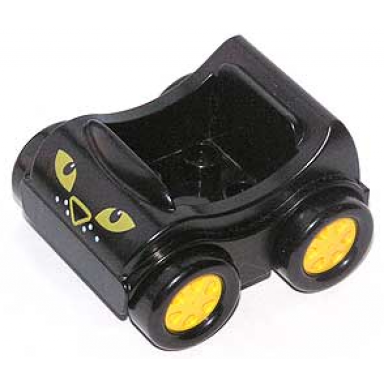 black duplo car with molded yellow wheels and black smooth tires with yellow eyes and nose white dots pattern