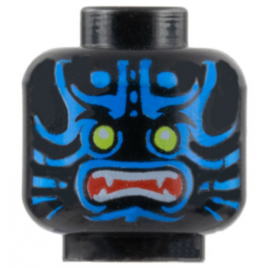 black minifigure head alien with lime eyes blue markings angry open red mouth with sharp teeth parted pattern