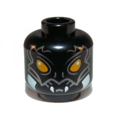 black minifigure head alien chima scorpion with orange eyes silver markings and white fangs pattern