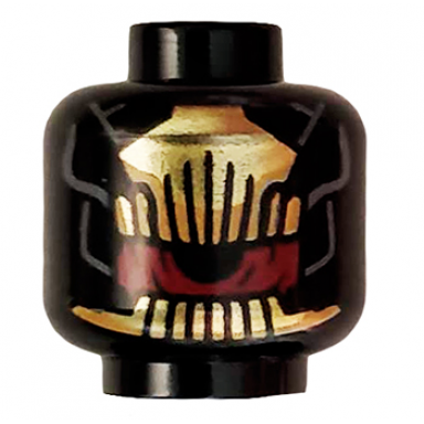 black minifigure head gold comb above and below partial red eye with gold scales on back pattern