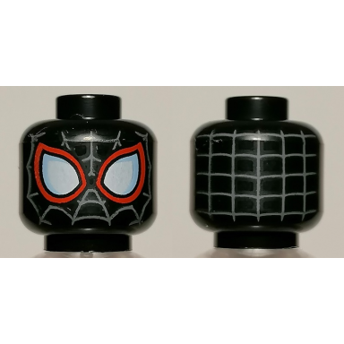 black minifigure head alien with spider-man dark bluish gray webbing large white eyes with bright light blue edges and red borders pattern