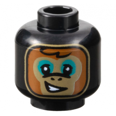 black minifigure head alien balaclava dark tan and dark orange monkey face dark turquoise eye shadow lopsided open mouth smile with teeth pattern