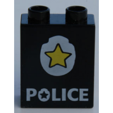 black duplo brick 1 x 2 x 2 with star badge and police on bottom pattern
