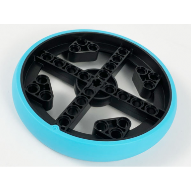 black wheel 88 x 14 technic with axle hole and 28 pin holes with molded medium azure hard rubber tire pattern