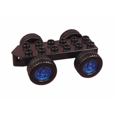 duplo car base 2 x 6 with four black wheels and pearl blue hubs