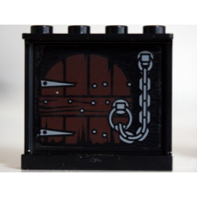 black panel 1 x 4 x 3 with side supports - hollow studs with wooden door and chain pattern on inside sticker - set 10237