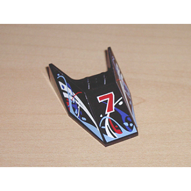 black windscreen 6 x 4 x 1 1 3 with bottom tabs and hollow studs with number 7 and blue white and red swirls pattern stickers - set 8223