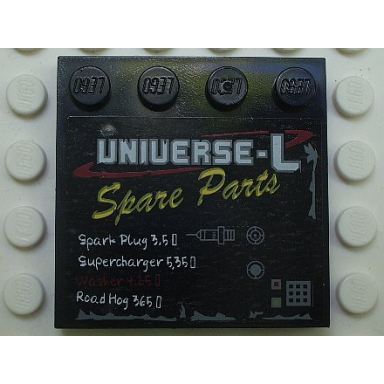 black tile modified 4 x 4 with studs on edge with universe-l spare parts and price list pattern sticker - set 5980