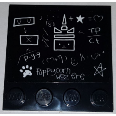 black tile modified 4 x 4 with studs on edge with blackboard with puppycorn woz ere pattern sticker - set 41454