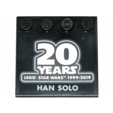 black tile modified 4 x 4 with studs on edge with sw 20 years lego star wars 1999-2019 and han solo pattern