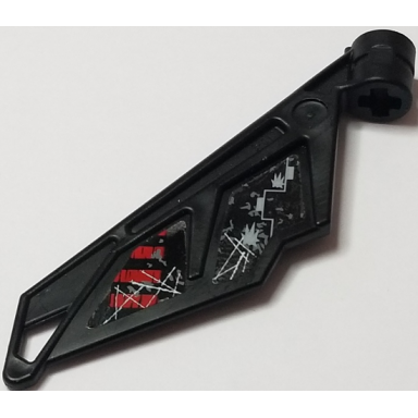 black bionicle wing small tail with axle hole with red and black striped panel and scratched panel with gray holes pattern model right side stickers - set 5972