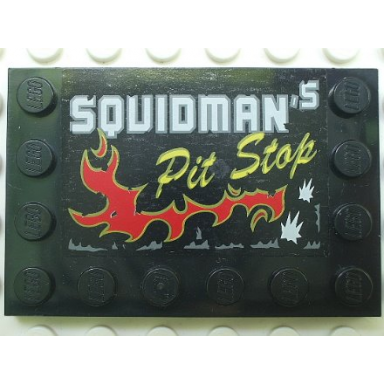 black tile modified 4 x 6 with studs on edges with squidmans pit stop pattern sticker - set 5980