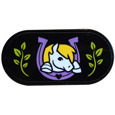 black tile round 2 x 4 oval with white and yellow pony head in medium lavender horse shoe lime grass leaves pattern sticker - set 42654