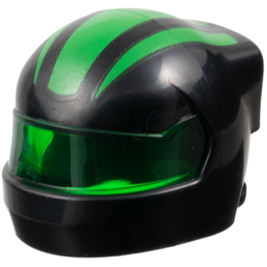black minifigure headgear helmet formula 1 with molded trans-green visor and printed bright green stripes pattern