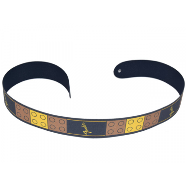 black cloth guitar strap with 2 holes and yellow fender logos dark tan and yellow 2 x 2 plates pattern